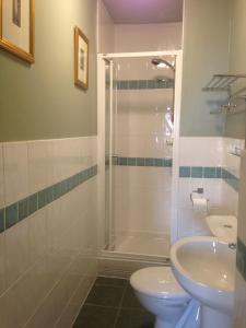 a bathroom with a shower and a toilet and a sink at The White House Hotel in Newquay