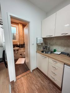 a kitchen with white cabinets and a sink at San Lux Dunavska in Novi Sad