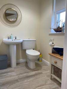 a bathroom with a toilet and a sink and a mirror at Ardean House in Moy