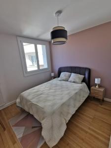 Schlafzimmer mit einem Bett und einem Fenster in der Unterkunft Magnifique Appartement Esprit Art Déco in Romans-sur-Isère