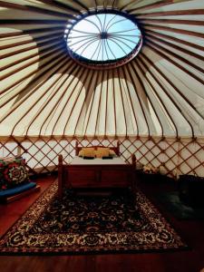 GraffhamにあるBeautiful Yurt with stunning South Downs viewsの窓のあるパオと敷物のある部屋