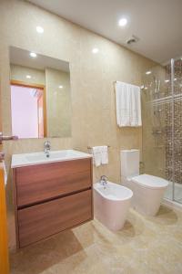 a bathroom with a sink and a toilet and a mirror at Dom José Alojamentos by Guestify in Guimarães