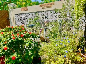 un jardín con flores y una bicicleta frente a una puerta en Aki’s Pool Villa An Bang Beach, en Tân Thành (1)