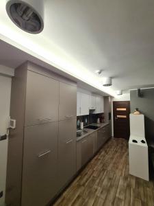 duża kuchnia z szafkami ze stali nierdzewnej i drewnianą podłogą w obiekcie Apartament Baltic C21 w mieście Darłowo