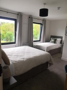 two beds in a bedroom with two windows at Cedar Lodge in Killarney