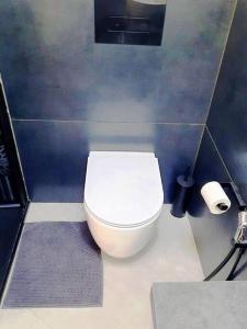 la suite oasi di relax e comfort IUN R1091 في أوريستانو: حمام به مرحاض أبيض وجدار أزرق