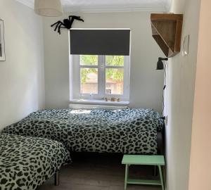 a bedroom with a leopard print bed and a window at nyaraló emberi 