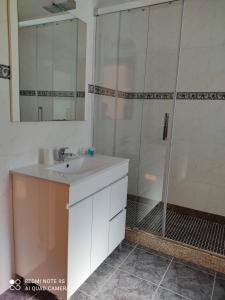 a bathroom with a sink and a shower with a mirror at Casa nos Penedos in Arcos de Valdevez