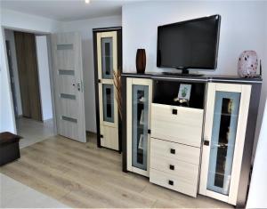 a living room with a flat screen tv on a entertainment center at Apartament KOPERNIK X in Biała Podlaska