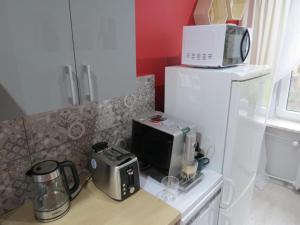 a kitchen with a microwave on top of a counter at Apartament KOPERNIK X in Biała Podlaska