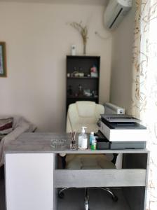 einen Schreibtisch mit Drucker auf einem Zimmer in der Unterkunft Pegasus cosy house in Athen