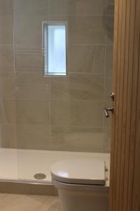 a bathroom with a toilet and a shower with a window at Kidsty Pike in Bowness-on-Windermere