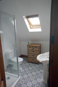 a bathroom with a shower and a toilet and a sink at Converted Coach House Holt, Wiltshire in Holt