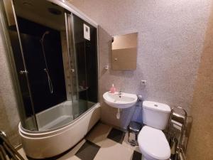 ein Bad mit einem WC, einem Waschbecken und einer Dusche in der Unterkunft GuestHouse in Piaseczno