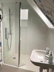 a bathroom with a shower and a sink at Dairy Cottage in Swordale