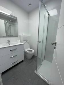 a bathroom with a toilet and a glass shower at New built 3-bed penthouse with pool, Mar de Plata in Mazarrón