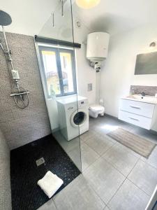 a bathroom with a shower and a sink and a toilet at La Lande - Petite maison avec jardin in Vendat
