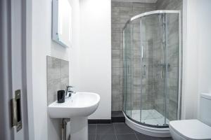 a bathroom with a shower and a sink and a toilet at Bayard Apartments 2 Bedroom City Centre Apartment in Peterborough