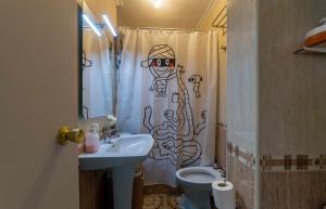 a bathroom with a shower curtain with a drawing on it at Ático Las Viñas in Zamora