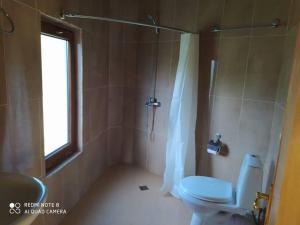 łazienka z toaletą i prysznicem z oknem w obiekcie Gonio Hills • Batumi w mieście Batumi