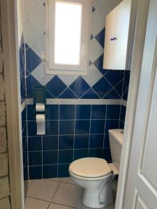 a blue tiled bathroom with a toilet and a window at Le Marcelou in Entraigues-sur-la-Sorgue