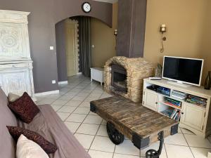 a living room with a fireplace and a tv at Le Marcelou in Entraigues-sur-la-Sorgue