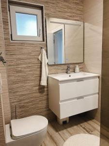 uma casa de banho com um lavatório, um WC e um espelho. em Apartment ”Sand” on island Šolta em Nečujam
