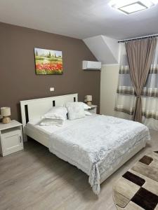 a bedroom with a bed and two tables and a window at Complex Turistic Cetatea Drencova 