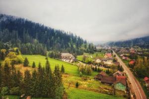 a small village in a green field with trees at Hotel Ieremia Movila in Suceviţa