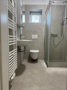 een badkamer met een toilet, een wastafel en een douche bij Apartman Juric in Posušje