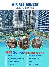 obraz reklamy mieszkania w budynku w obiekcie Apartment in Air Residences, Makati with wifi, Netflix, pool, mall and more w mieście Manila