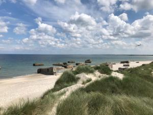 a sandy beach with grass and the ocean on a cloudy day at La Ola in Hanstholm