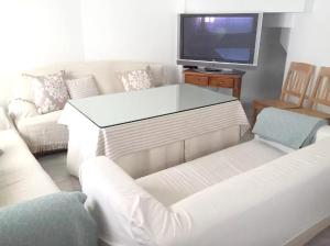 - un salon avec un canapé blanc et une télévision dans l'établissement 3 bedrooms house with city view at Cordoba, à Cordoue