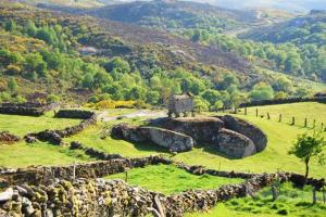 a field with a stone fence and a stone wall at Elegant House in Pontevedra + Private Pool in Rífrío