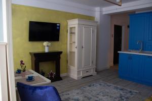 a living room with a fireplace and a tv on the wall at Blue Joy Bukovina Aparthotel in Suceava