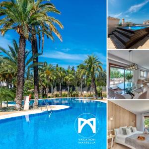a collage of photos of a hotel with a pool and palm trees at VACATION MARBELLA I 300 SQM Penthouse, Private Swimming pool, BBQ, WiFi in Marbella