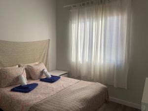 una camera da letto con un letto con asciugamani blu di Santa Cruz de Tenerife Toscal a Santa Cruz de Tenerife