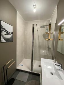 La salle de bains blanche est pourvue d'une douche et d'un lavabo. dans l'établissement Les Quatre Piliers - 1 min Palais Jacques Cœur, à Bourges