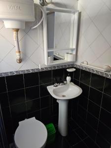 a bathroom with a sink and a toilet and a mirror at Departamento céntrico en Tigre in Tigre +13 photos
