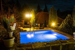 a swimming pool with lights in a yard at night at Safari Village Velingrad in Velingrad