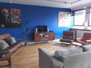 a living room with couches and a blue wall at Trendy, urban open plan apartment (City centre) in Bristol