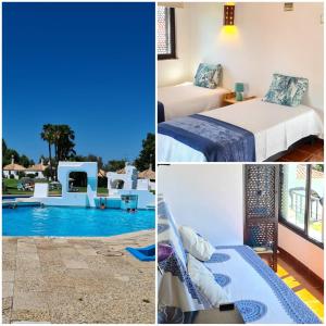 uma colagem de fotografias de um quarto de hotel com piscina em Pedras D'el Rei - Relax Estúdio em Tavira