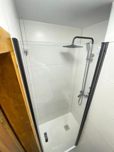 eine Dusche mit Glastür im Badezimmer in der Unterkunft Alojamientos Rías Baixas - Mares del Forte- Cangas in Cangas + 33 Fotos