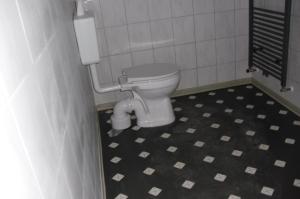 a bathroom with a white toilet in a stall at mecklenburgerseenplatt 2 in Teschendorf