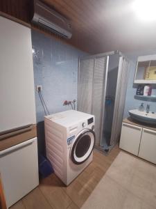 - un lave-linge dans la salle de bains pourvue d'un lavabo dans l'établissement Apartment Sopar, à Škofja Loka