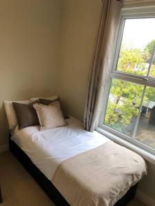 ein kleines Bett in einem Zimmer mit Fenster in der Unterkunft 7 Bed Home*Contractors*CityCentre*FREE Parking in Derby