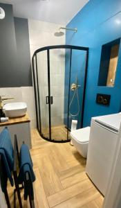 a bathroom with a shower and a toilet and a sink at Apartament Centrum z Garażem podziemnym in Bielsko-Biała +4 photos