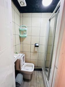 een badkamer met een toilet, een wastafel en een douche bij UNIQUE PRIVATE ROOMS in Bolton
