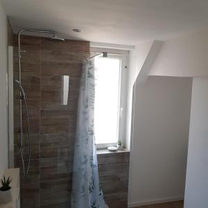 uma casa de banho com um chuveiro com uma cortina e uma janela em Moin in Turckheim em Turckheim