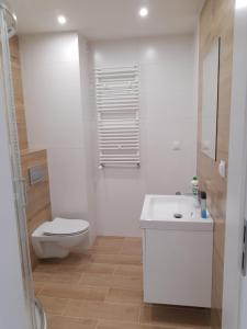 a white bathroom with a toilet and a sink at Przytulny Apartament na Strzeleckiej in Płock